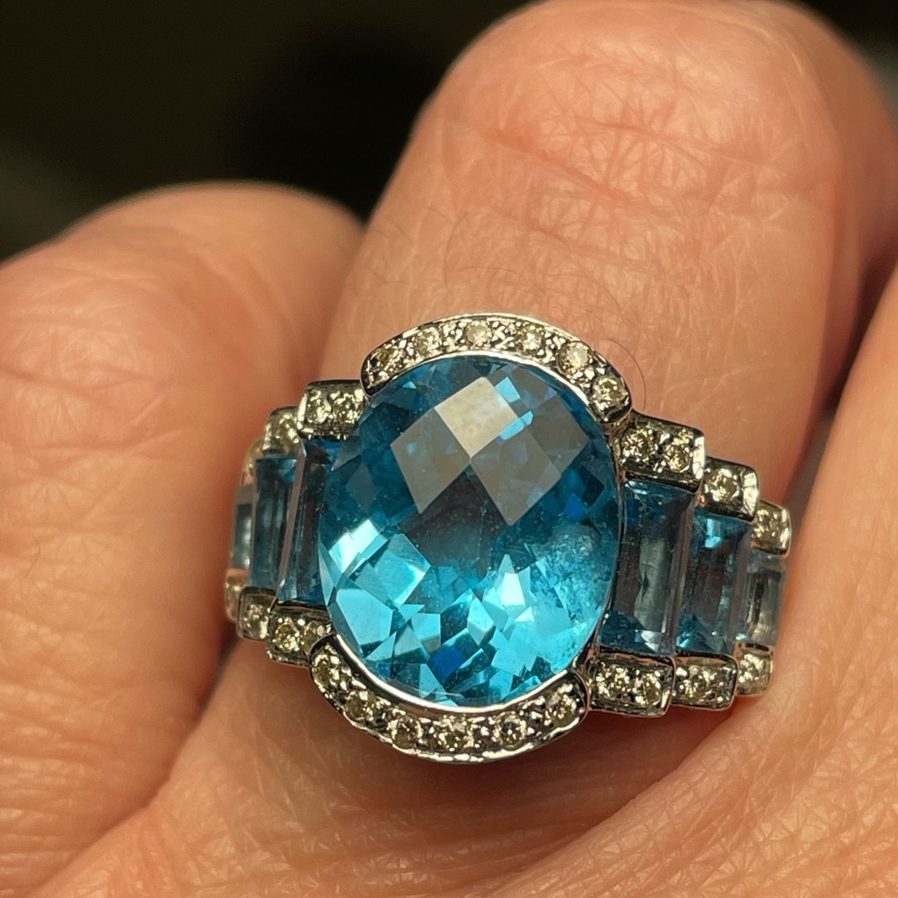 14k  Gold Swiss Blue Topaz and diamond accent Ring